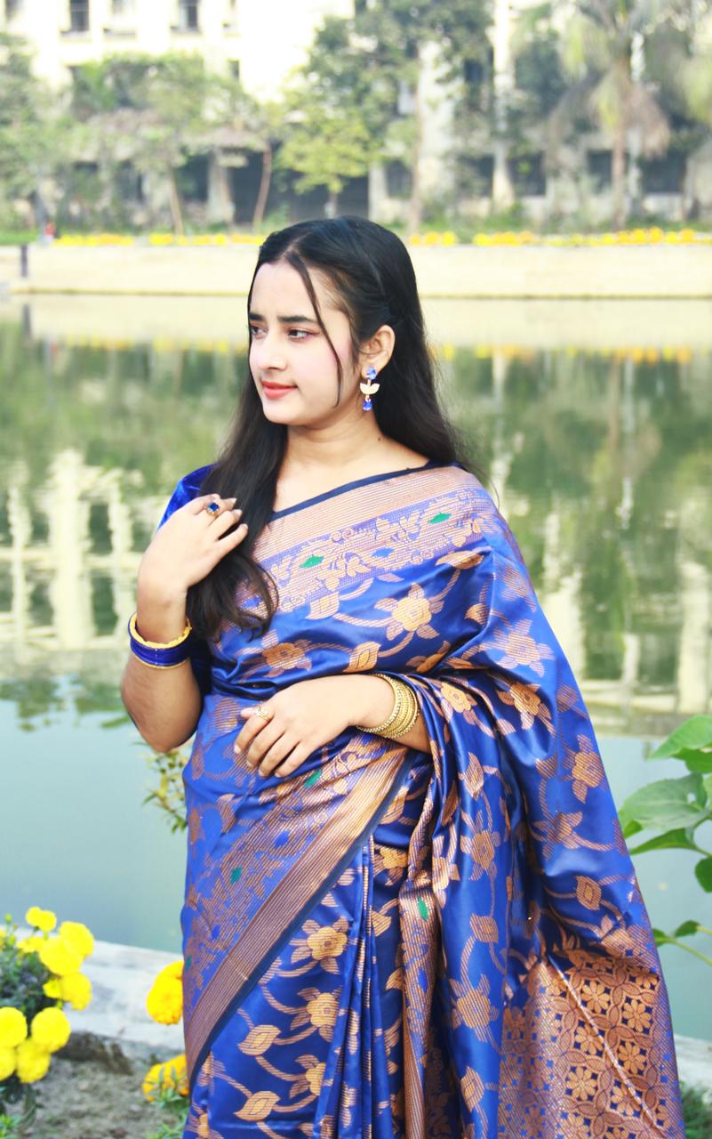 Premium Silk Katan Saree for Women | Royal Blue Designer Silk Saree - Image 3