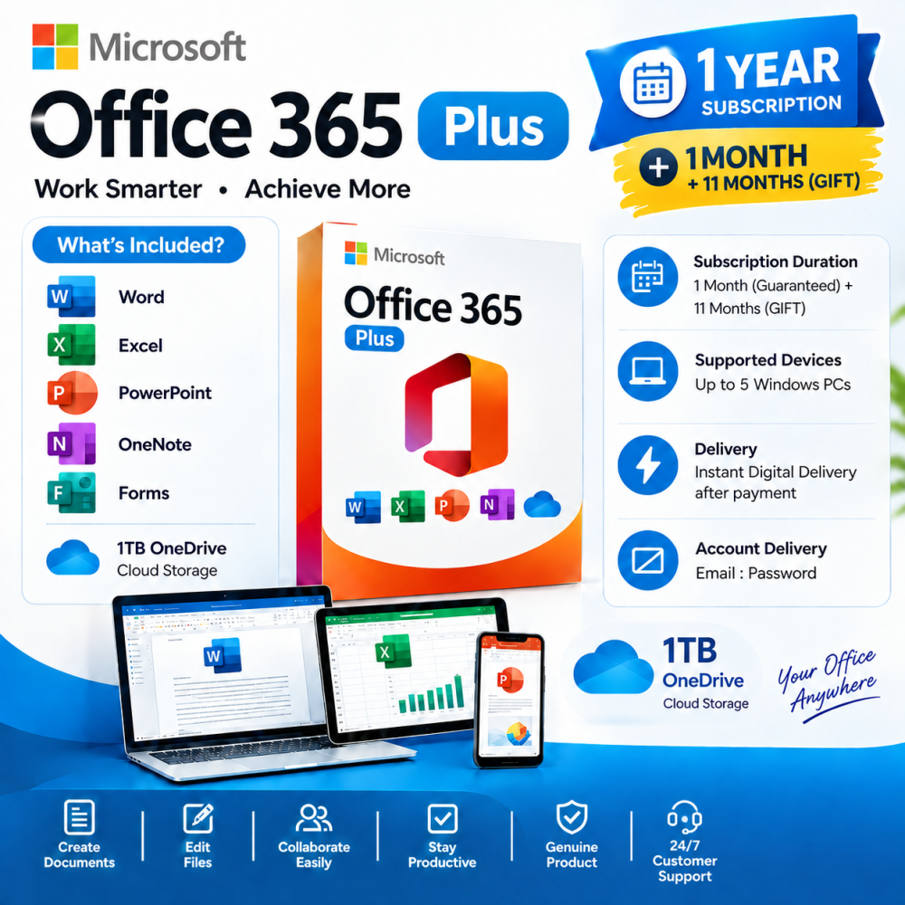 Microsoft Office 365 Plus Subscriptions Activation 12 Months